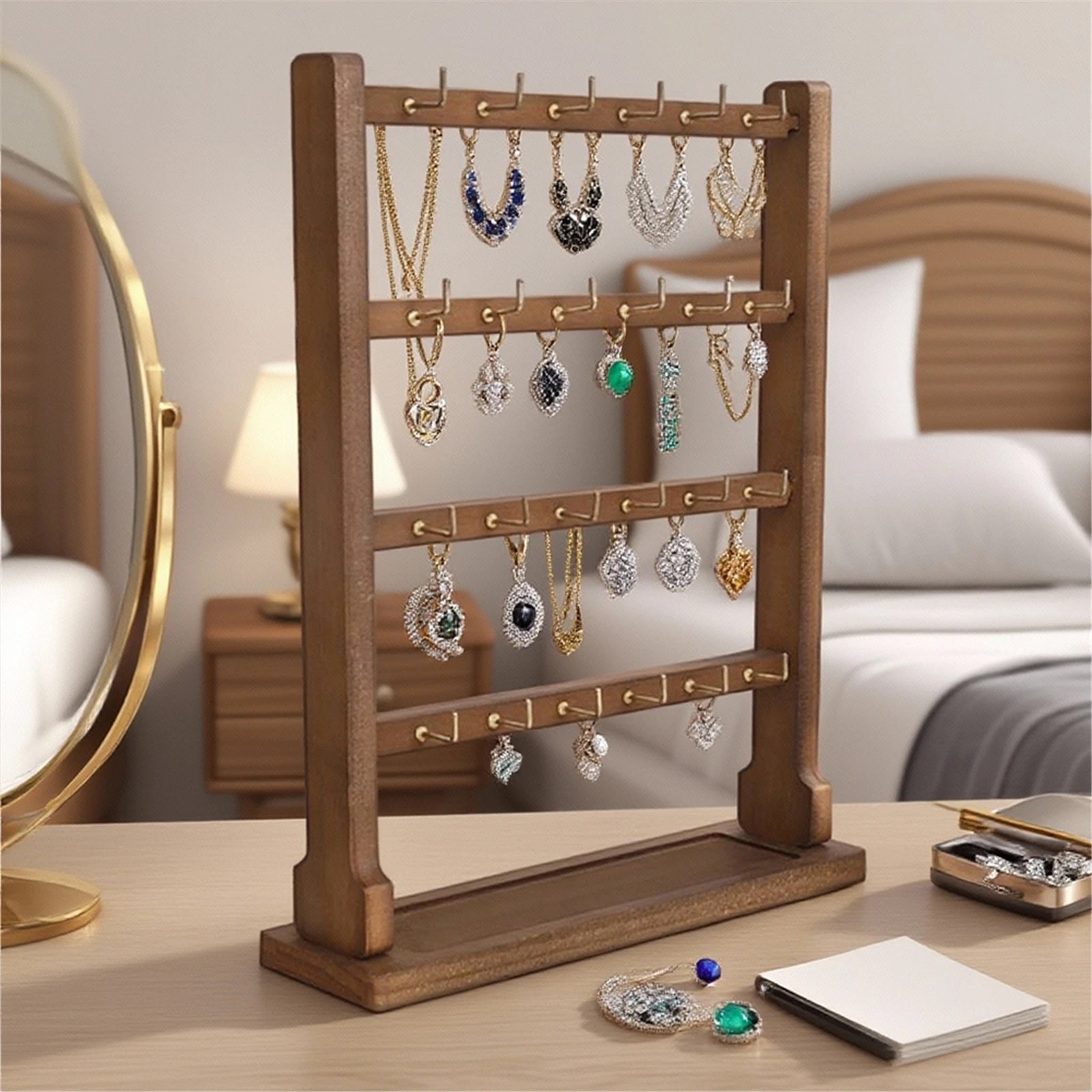 Halsketten-Halter aus Holz mit Haken, Ohrring- und Broschen-Organizer, Mehrstöckiges Einfaches Schmuck-Aufbewahrungsregal, Haushaltszubehör