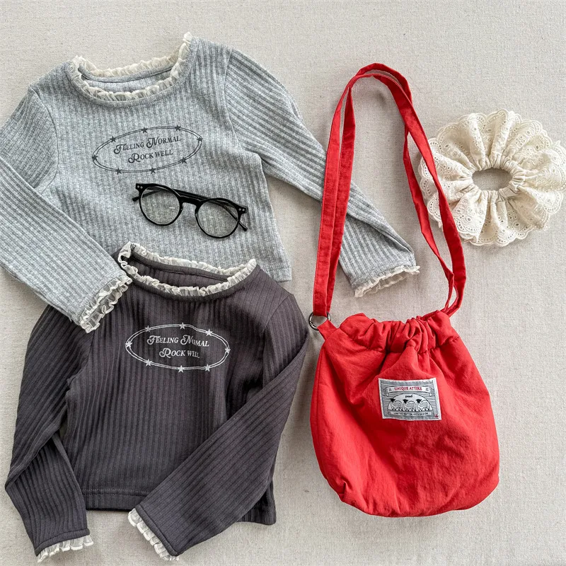 

2025 Spring New Children Long Sleeve T Shirts Cotton Girls Lace Collar Bottoming Shirts Baby Versatile Casual Tops Kids Clothes