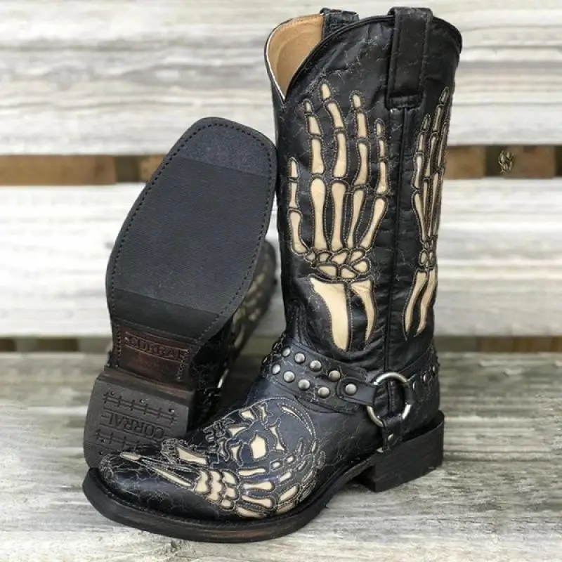 Totenkopfmuster Metallschnalle Ritterstiefel für Männer, Gothic Stil, Quadratische Zehenkappe, Gürtelschnalle, Schwarze Halbhohe Stiefel, Modisches Design, Schuhe mit Dicken Absätzen – Detail 6