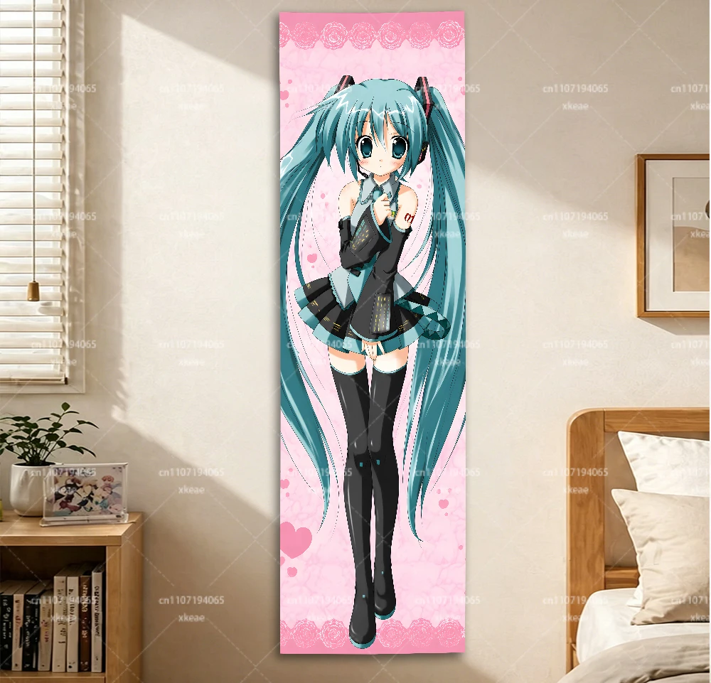 H-Hatsune Miku Vertikaler Wandteppich, Anime-Wandbehang, Raumdekoration mit rosa Rosenhintergrund