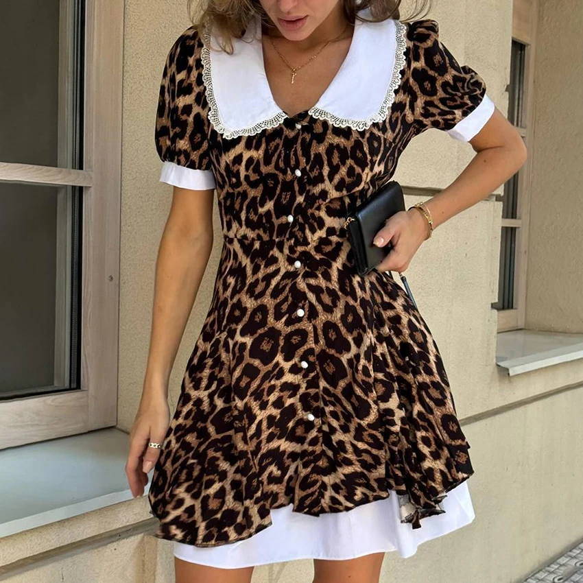

Linad Vintage Leopard Print Mini Dress For Women Summer Sexy High Waist A Line Dresses 2025 Elegant Lace Puff Sleeve Woman Dress