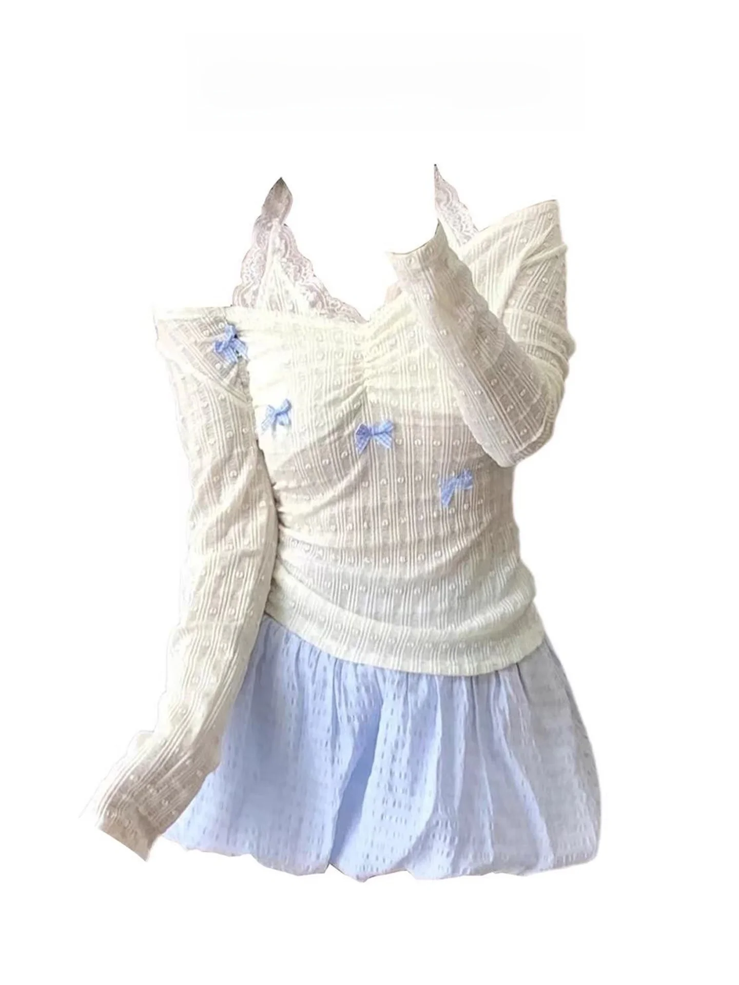 

Spring Sweet Pure Desire Lace Splice Hanging Neck Fake Two-Piece Long Sleeve T-Shirt Top Bud Short Skirt Set Women's Fashion
