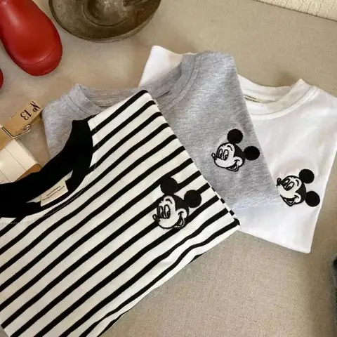 Baby Boys Girls Clothes 2025 Spring Children Cartoon Mickye Mouse Striped Raglan Sleeve Long Sleeve T-shirt Kid Fashion Clothing