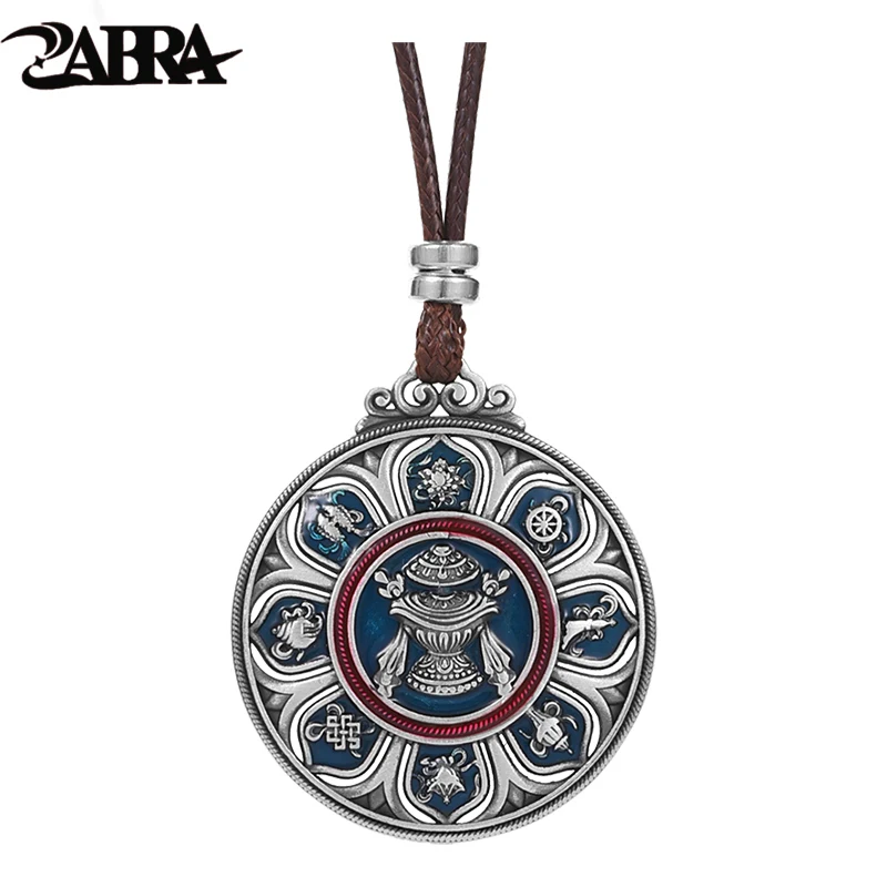 ZABRA 999 Pure Silver Auspicious Eight Treasure Compass Pendant for Men, Tibetan Enamel Necklace Pendant