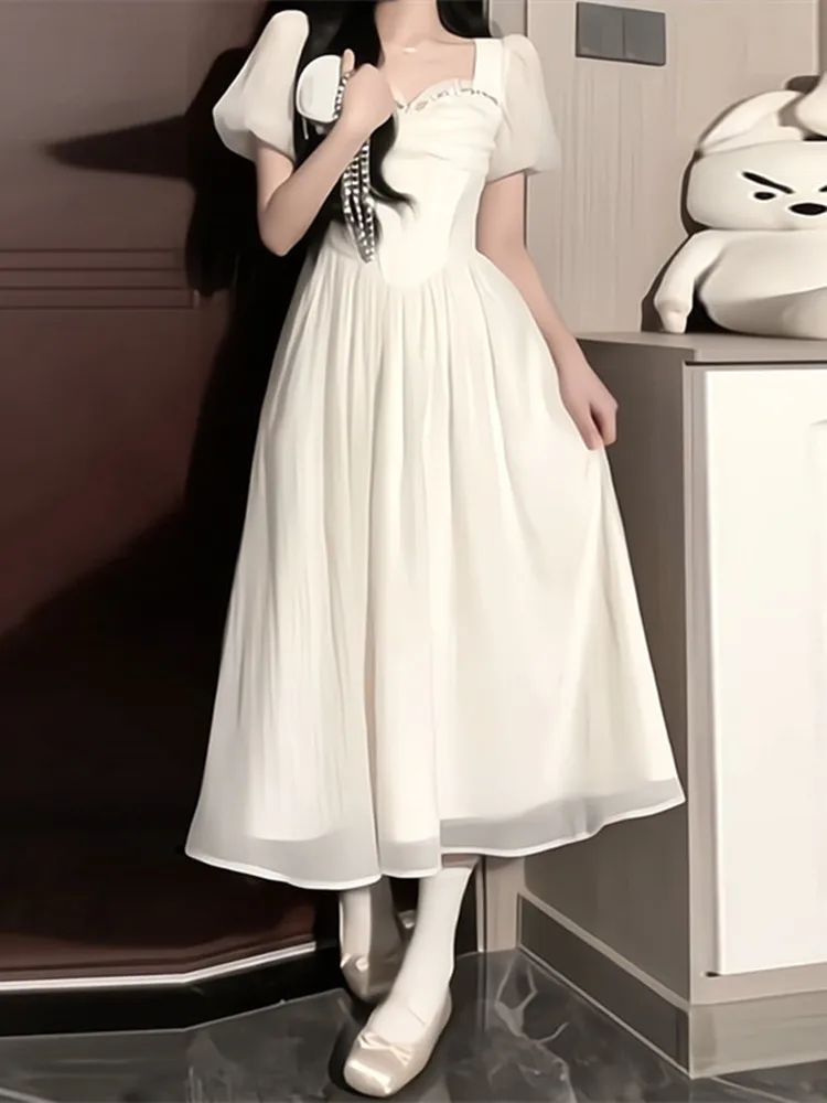 

Plus Size Ele White Square Ne Long Dr Women's Summer Slimming Waist Design Princ Sle ort Sve Maxi Dr
