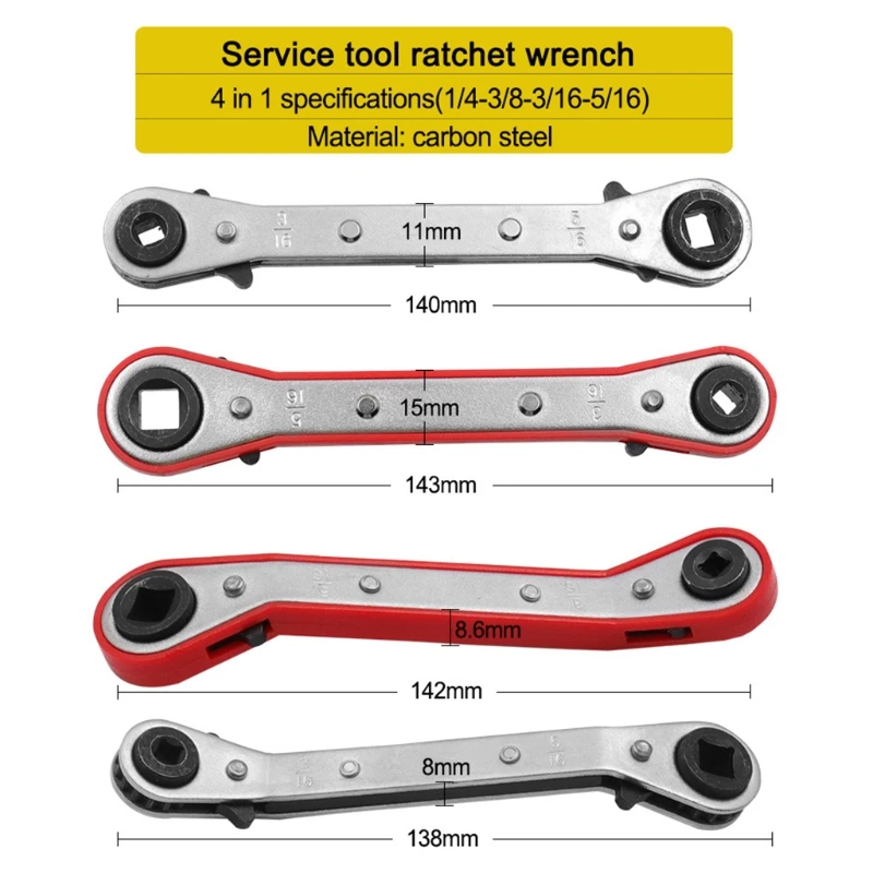 Refrigeration Ratchet Wrench Conditioning Service Wrench 4 Different Sizes 1/4 x 3/16 Square x 3/8 x 5/16 Square