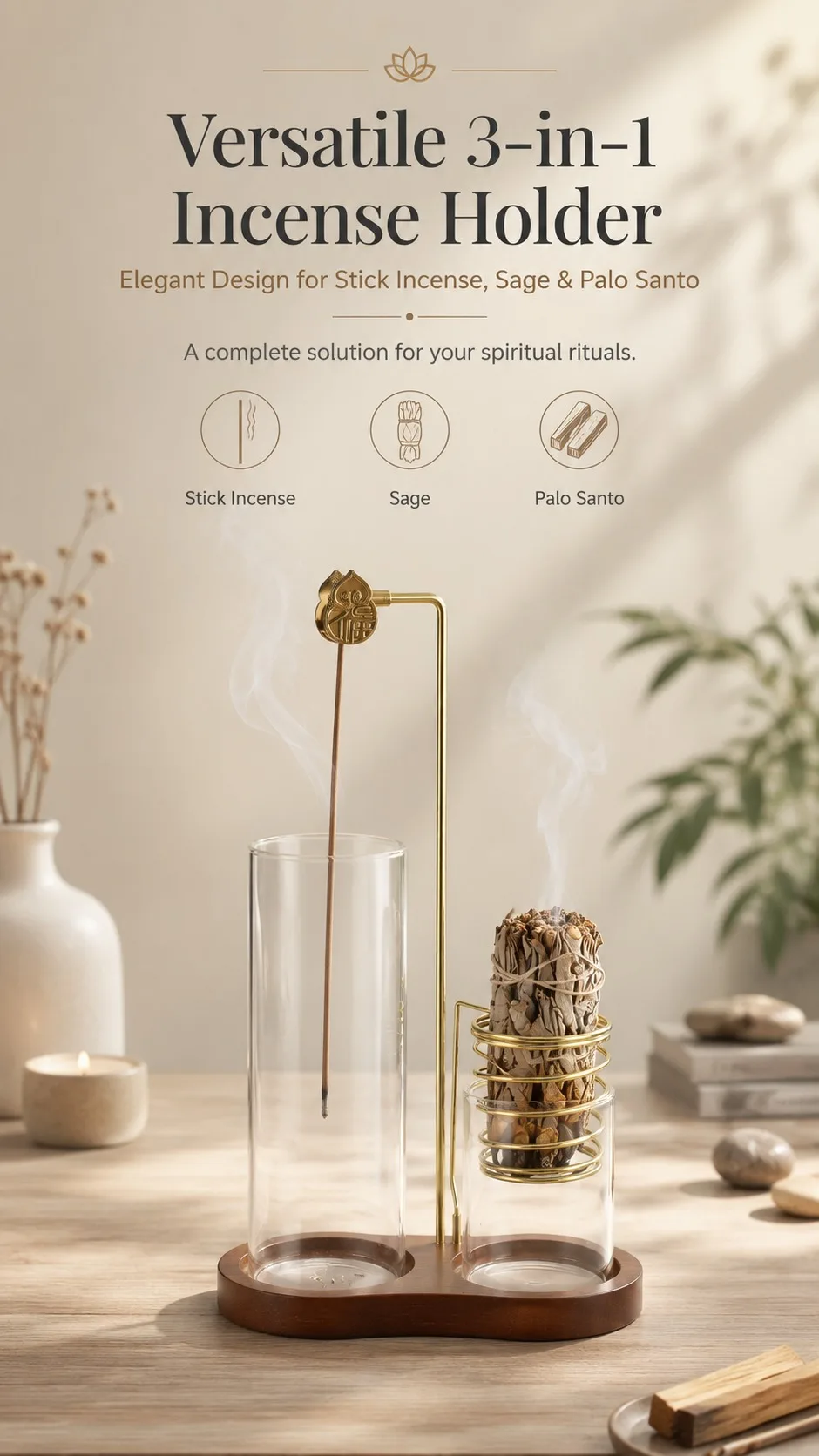 3-in-1 Räucherstäbchenhalter aus Metall, Salbei-Halter, Anti-Asche Palo Santo Halter mit Glas-Aschefänger für Meditation, Yoga, Spa – Detail 1
