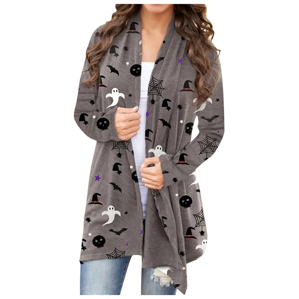 Halloween Women Casual Print Long Sleeve Open Loose Cardigan Coat Lightweight Cardigan Sweaters for Women