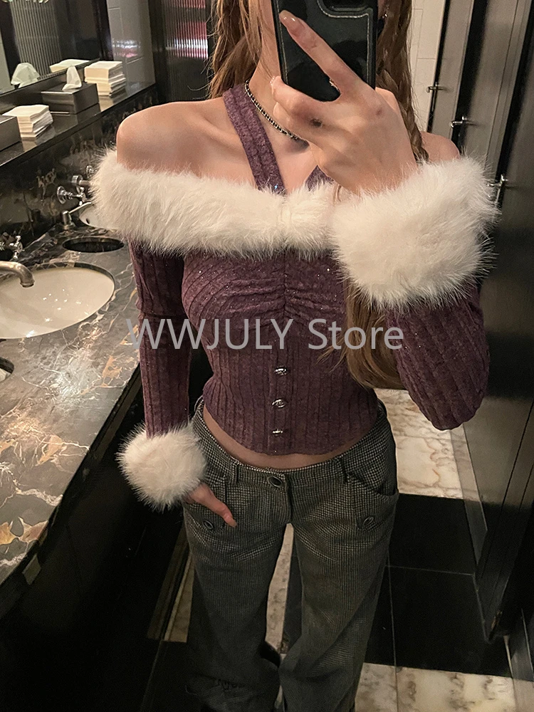 Winter Women Long Sleeve Cute Core Fluffy Sweater Knitwear Girl Shoujo Crop Cuddly Sweater 2000S Aesthetic Korean Fashion Tide