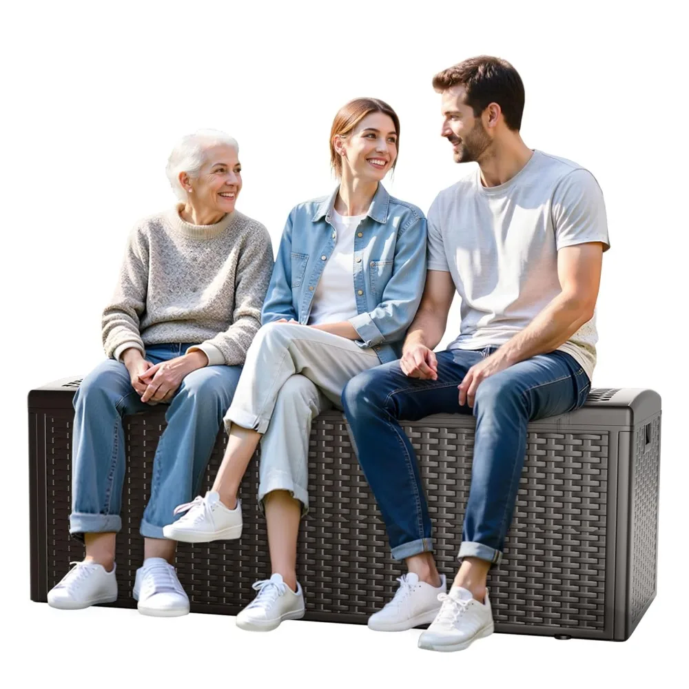 

150 Gallon Deck Box, Double Layer Waterproof Resin Outdoor Indoor Storage Box, Lockable & UV Resistant Storage Bin