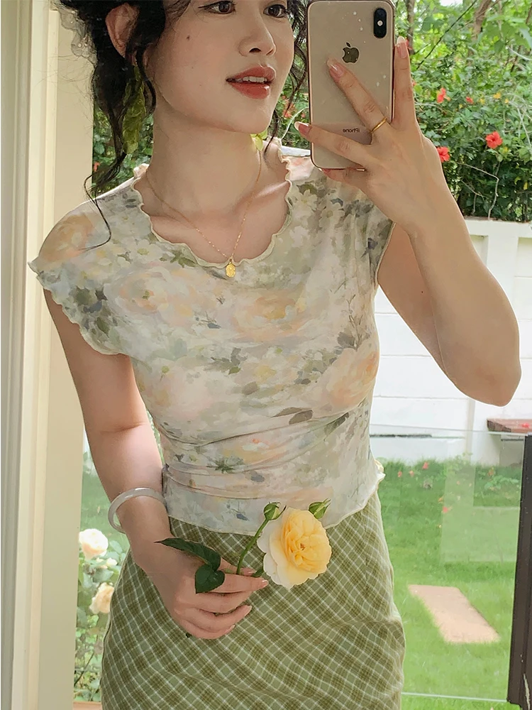 Yuan Ying Gentle Wind Oil Painting Short Sleeve Women's T-shirt Summer Slim Fit Short Style Retro Polyester Spandex Blend