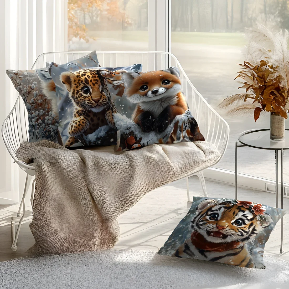 Snow Leopard Fox Pillowcase Cushion Polyester 45x45cm Throw Pillow Cover Sofa Chair Bed Cushion Cover Pillowslip Home Decor