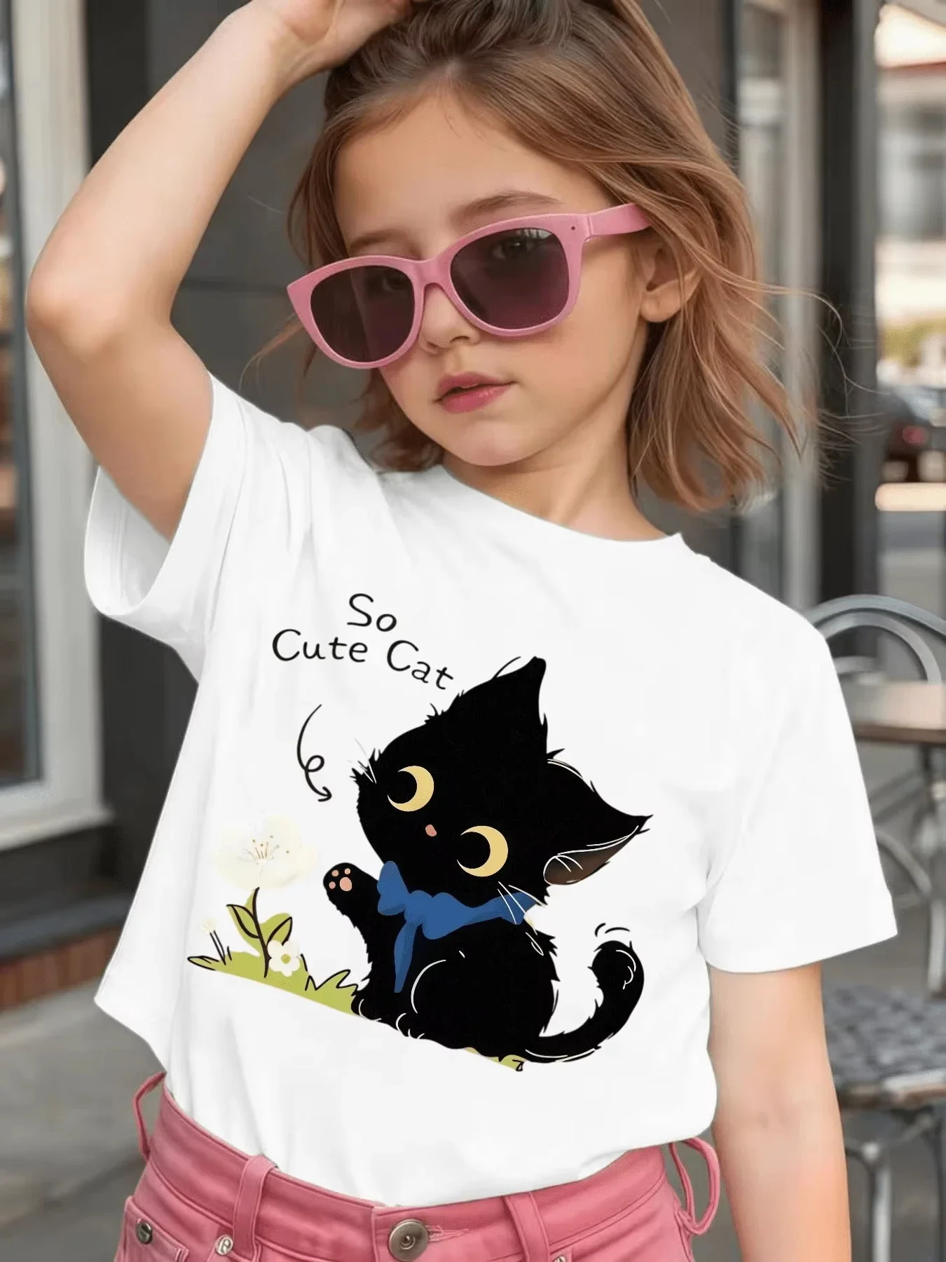 Children Fashion Short Sleeve Top Cute Black Kitten Flower So Cute Cat Letter Print Girls Crew Neck Daily Summer Tee Shirt