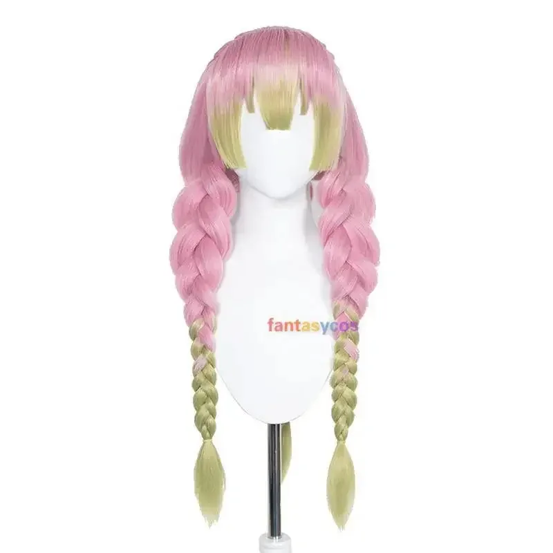 Kanroji Mitsuri Wig Kimetsu No Yaiba Cosplay Costume Long Pink Mixed Green Braid Wigs Party Hair for Halloween Role Play Party