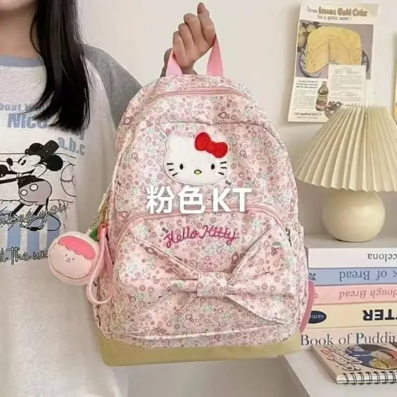 Детский рюкзак Hello Kitty Sanrios с бантом, милая школьная сумка с принтом, большая вместимость, кавайный мультфильм, студенческий холст, аниме-фигурка