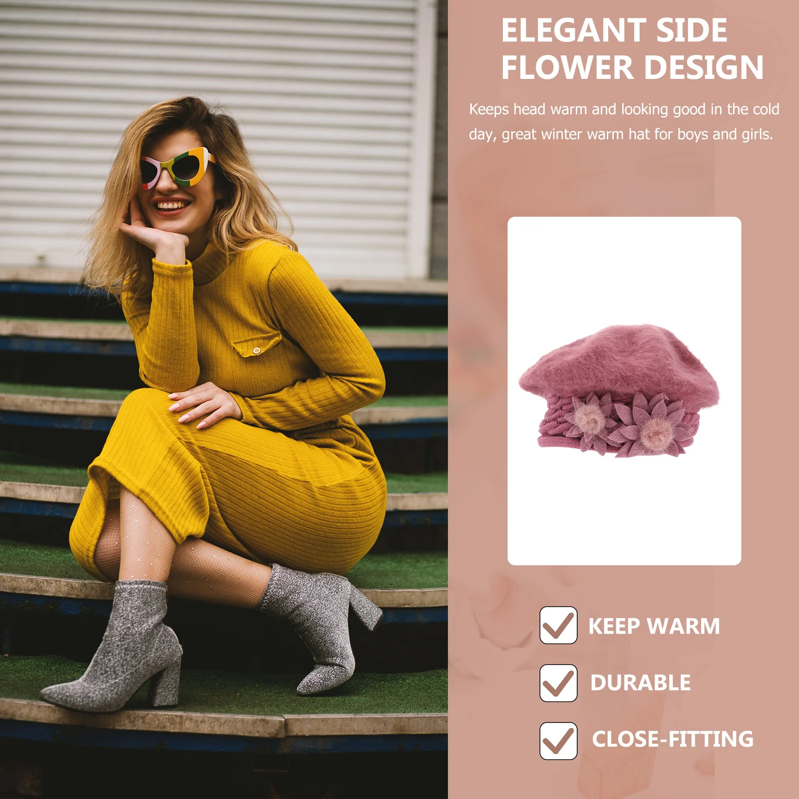 

Beret Hat For Women Thickened Warm Knit Beanie Winter Outdoor Snow Sports Camping Elegant Flower Design Purple