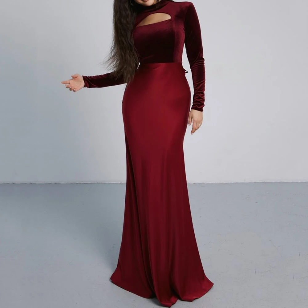 

Customized A-line Evening Dresses Floor-length High-neck Full Sleeve Prom Gown Simple Fashion Lace-up Draped Casual Party Gown