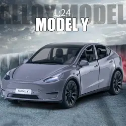 New 1:24 Teslas Model Y Model 3 With Charging Pile Alloy Car Die Cast Toy Car Model Sound and Light Children's Collectibles Gift