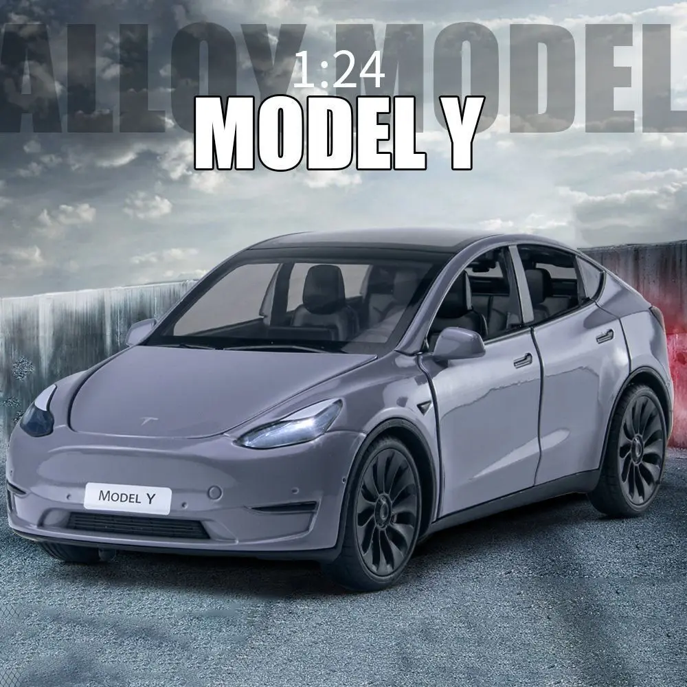 New 1:24 Teslas Model Y Model 3 With Charging Pile Alloy Car Die Cast Toy Car Model Sound and Light Children's Collectibles Gift