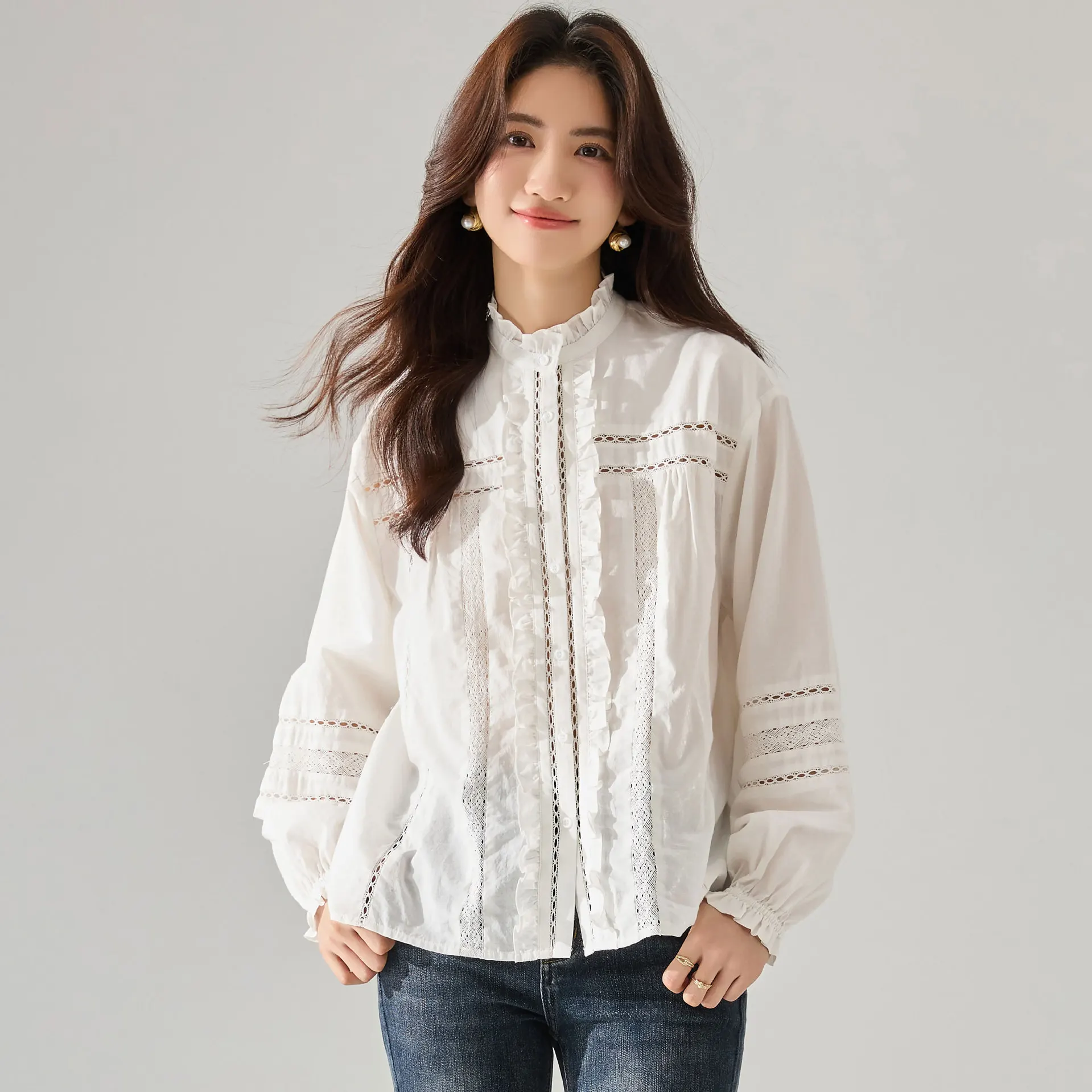 

Retro Hollow out Cotton Shirt Romantic Lace Collar Long Sleeve Stand up Collar Top Women's Loose Fit Gentle Style Shirt