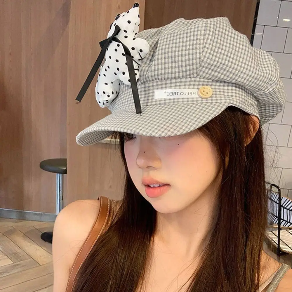 عارضة لطيف جرو سحابة القبعات الكورية منقوشة مثمنة قبعات الحلو Y2k الرسام قبعة الإناث