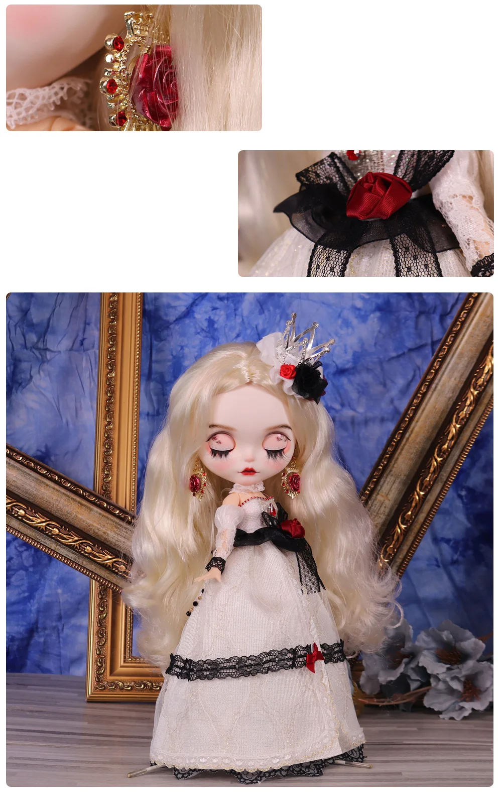 Outfits For ICY DBS Blyth Doll Rose Queen White Wedding Dress Suit 1/6 BJD Azone S OB24
