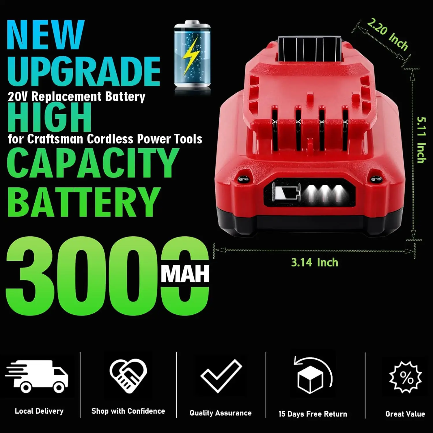 2pcs 20V 3.0Ah Lithium Replacement for Craftsman 20V Battery CMCB202 CMCB202-2 Craftsman V20 Battery (2PACK)