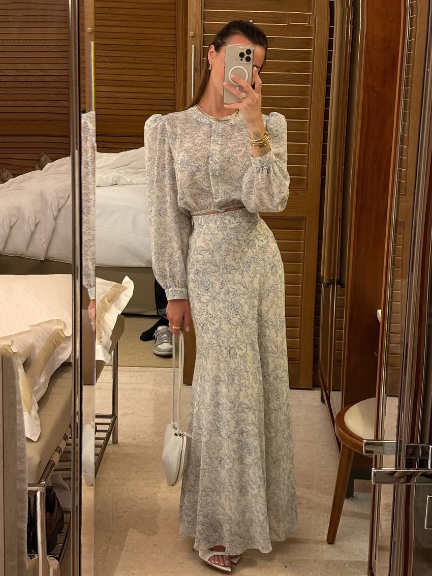 Marthaqiqi Fashion Female Nightgown Suit Long Sleeve Pajama O-Neck Nightie Crop Top Nightwear Long Skirts Printing Sleepwear Set