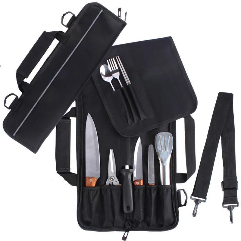 

Portable Black Chef Knife Roll Bag with Adjustable Straps Kitchen Cooking Chef Knife Carrying Storage Pockets for Cooking Tools