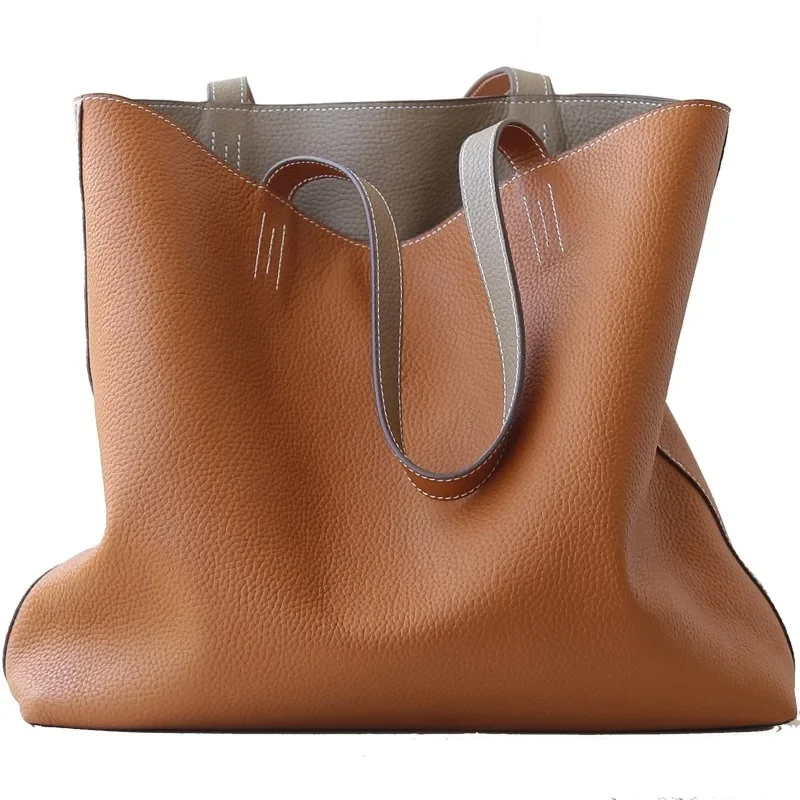 High Quality First-layer Cowhide Tote Bag Double-sided Real Leather Shopping Women's Bag Vintage Casual Portable Large Capacity