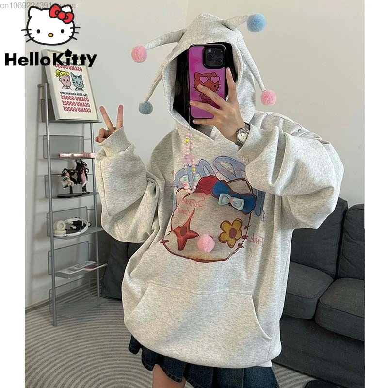 

Sanrio Hello Kitty Print Creative Hooded Hoodie Female Y2k Japanese Style Pullover Sweatshirt Goth Hip Hop 90s Vintage Clothing