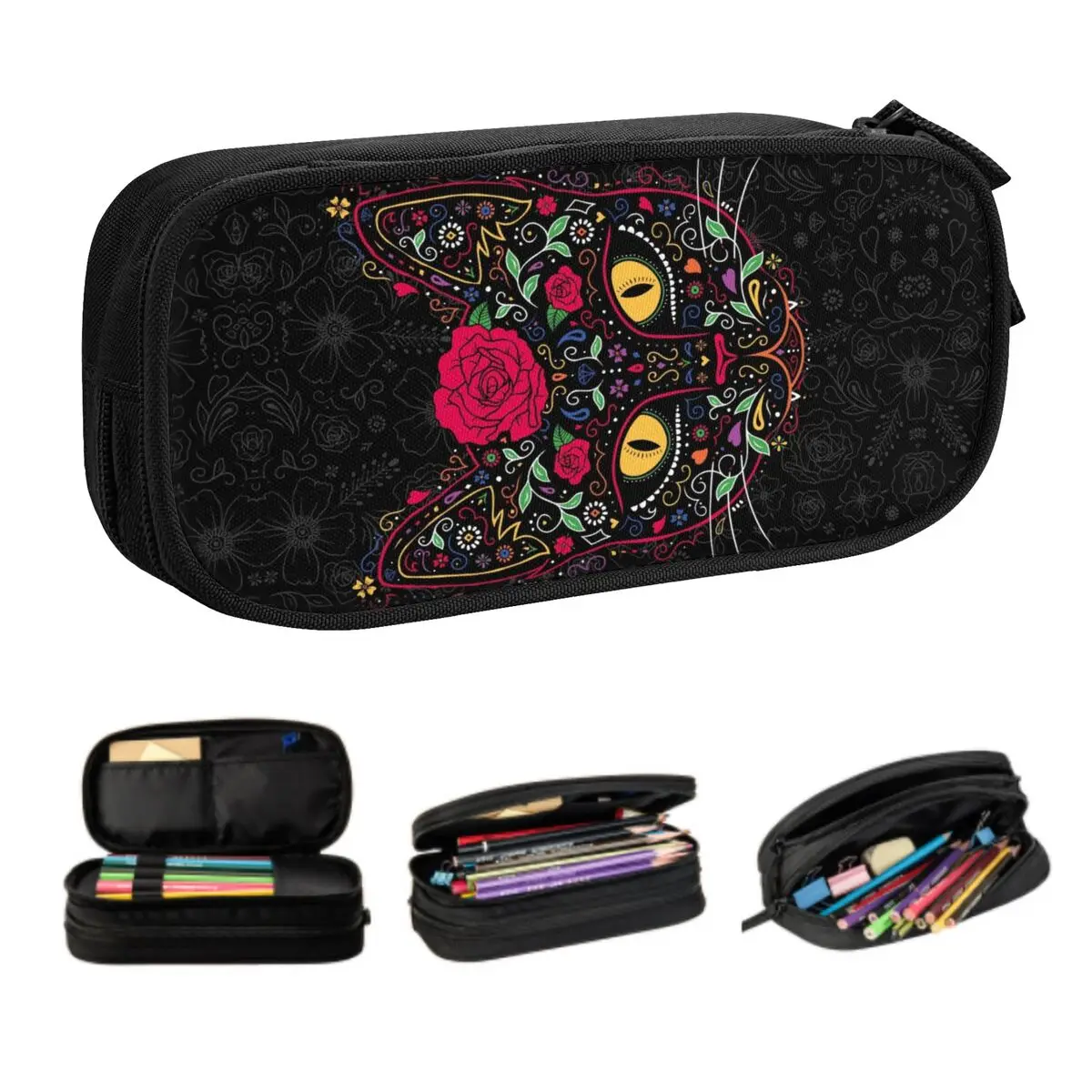 Custom Day Of The Dead Kitten Cat Sugar Skull Pencil Cases for Large Storage Mexican Halloween Floral Pencil Bag School Supplies
