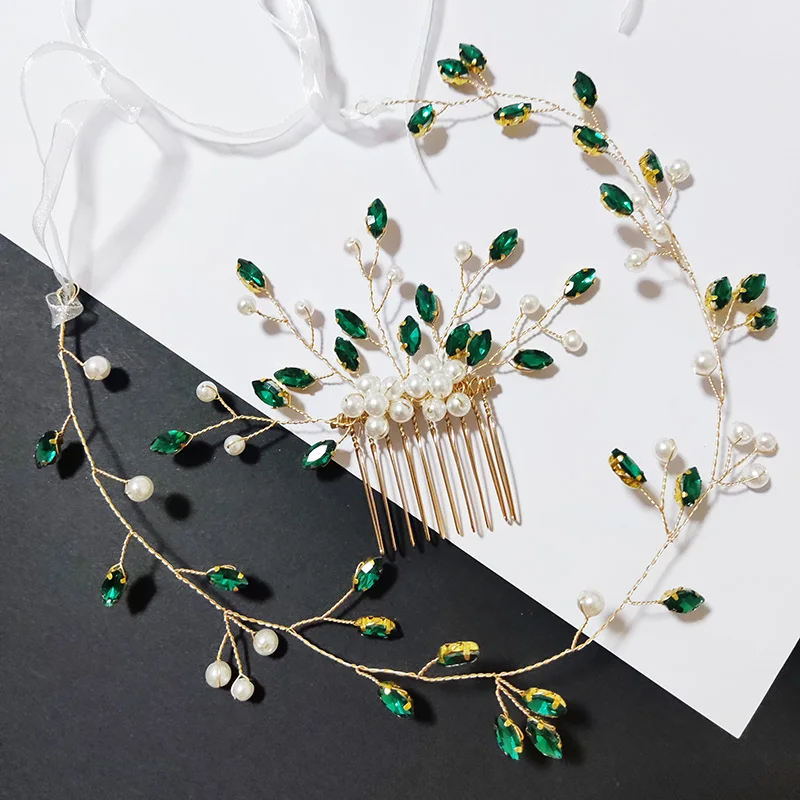 Women Emeralds Green Rhinestone Crystal Headband Wedding Hair Accessories Luxurious Pearl Bride Headwear Jewelry Vine