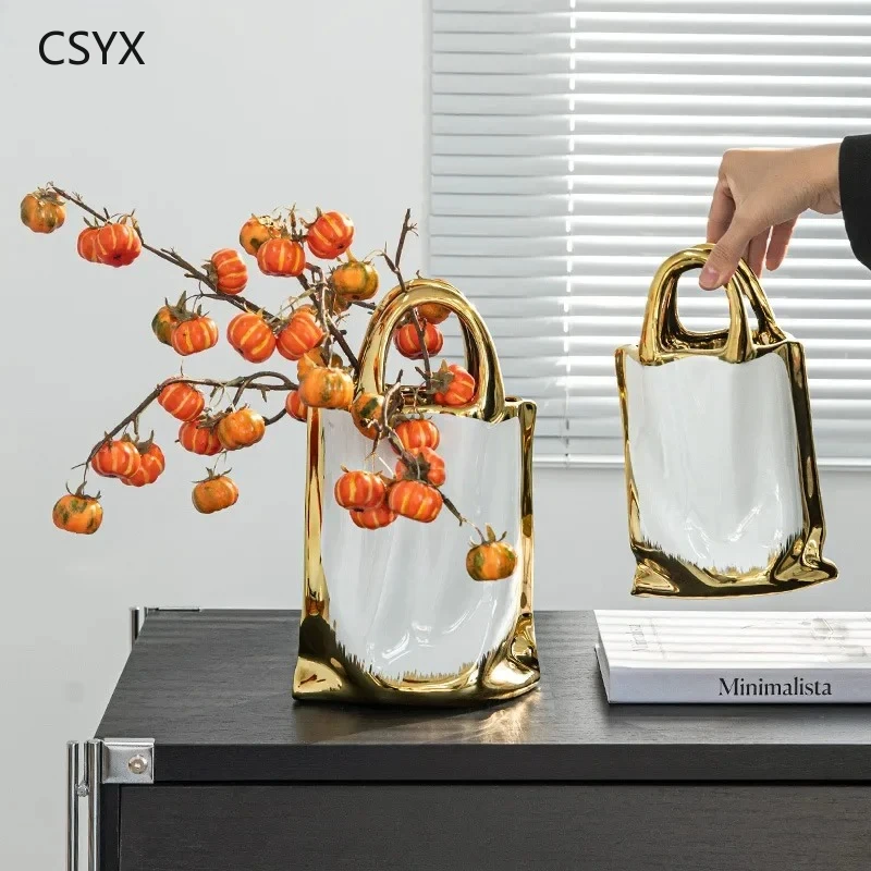 

Creative Handbag Shape Vase Gold-plated Ceramic Plant Pot Table Decoration Flower Arrangement Flowers Vases Room Aesthetic Decor