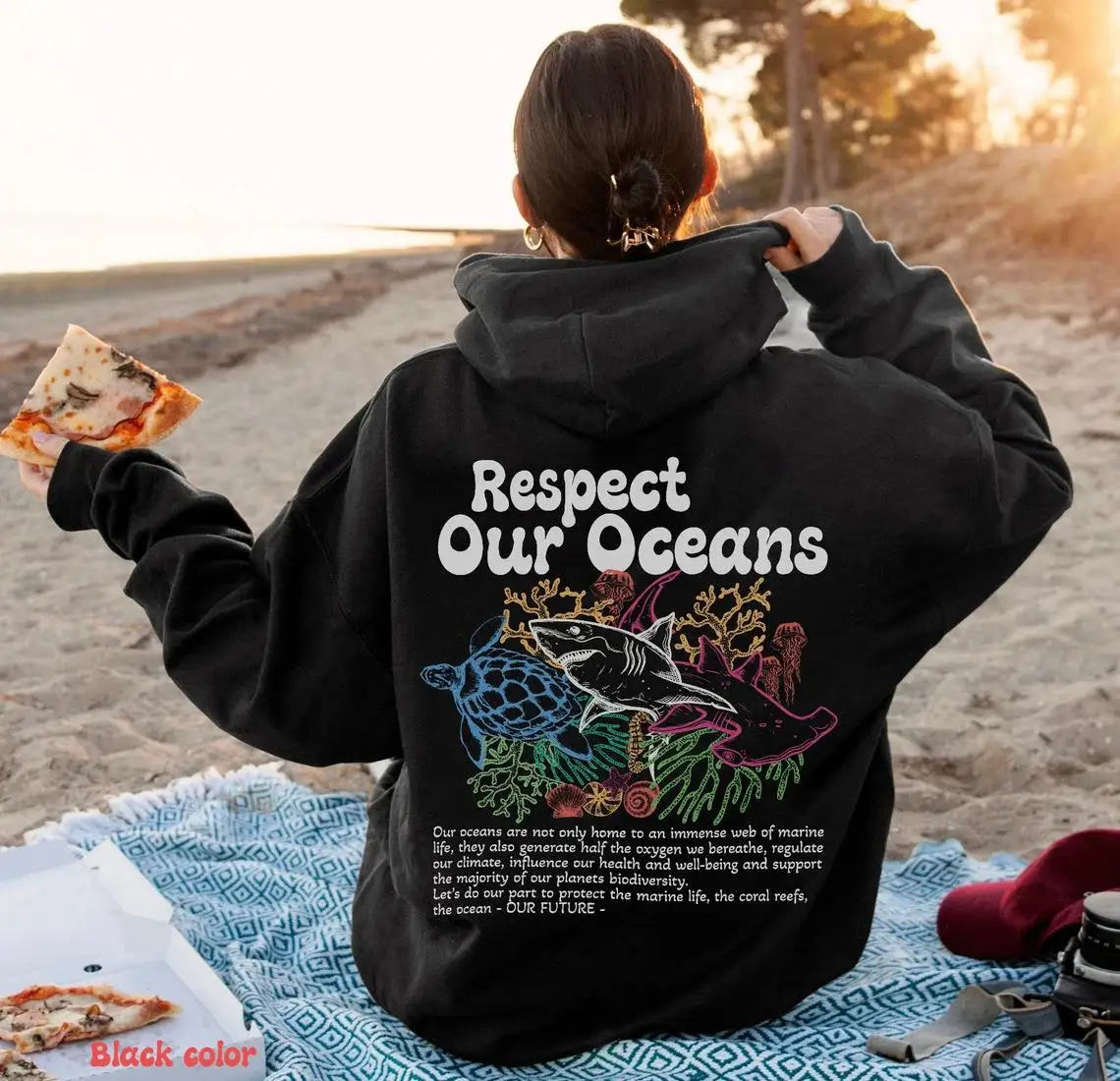 Respect Our Oceans Manga Hoodie Women Unisex Oversized Long Sleeves Sweatshirts Shark Save The Ocean Cartoon Print Streetwear