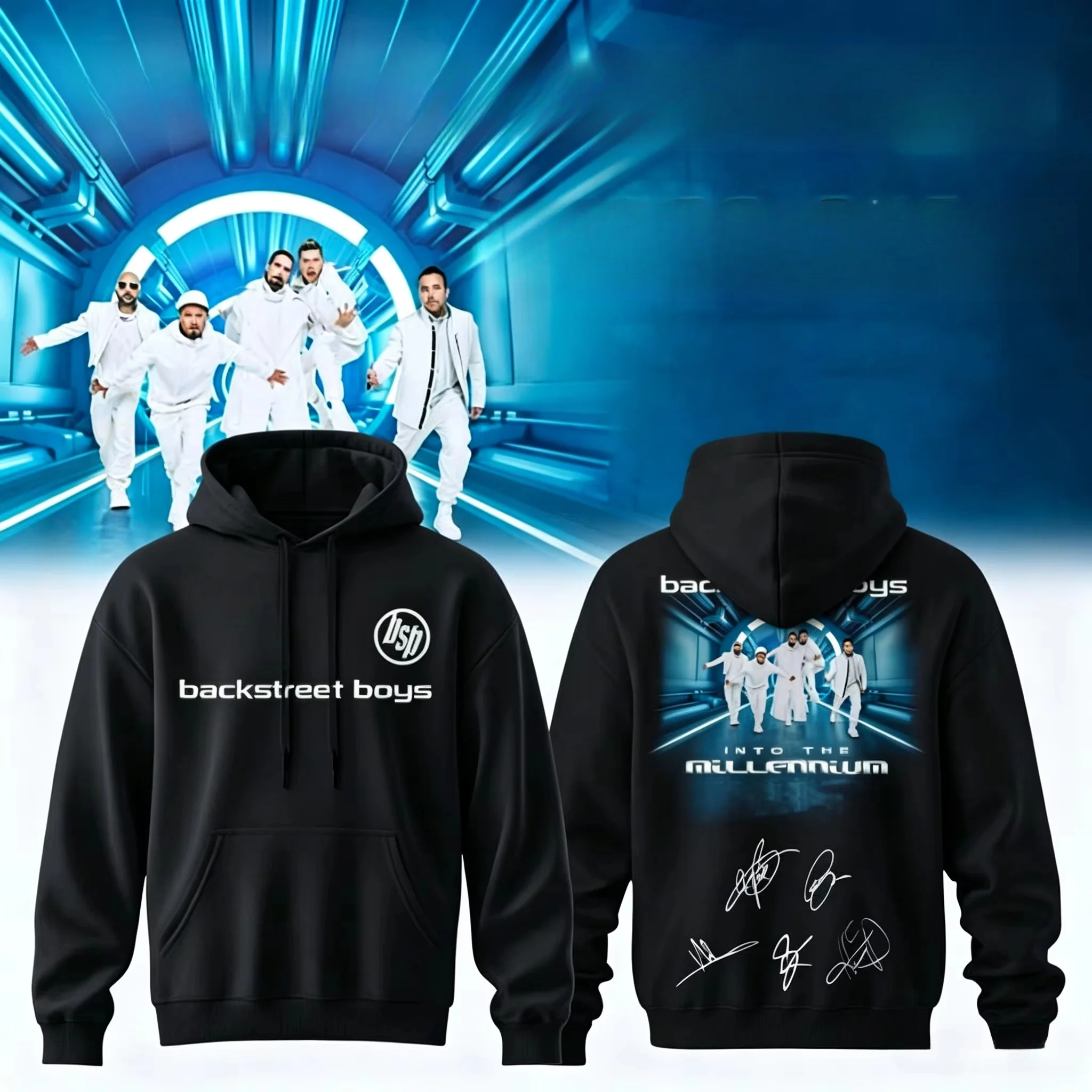 2026 Fashion Backstreet Boys' Signature Print Hooded Sweatshirt with Wide Hood - Popular Band Hooded Sweatshirt