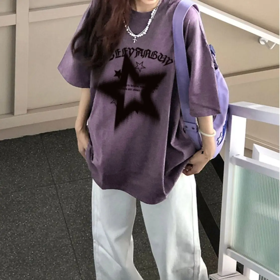 Big Star Casual Style T-shirt Women Sense of Design Summer Fashion Trend Casual Comfy Couple Purple Short Sleeve Top Harajuku