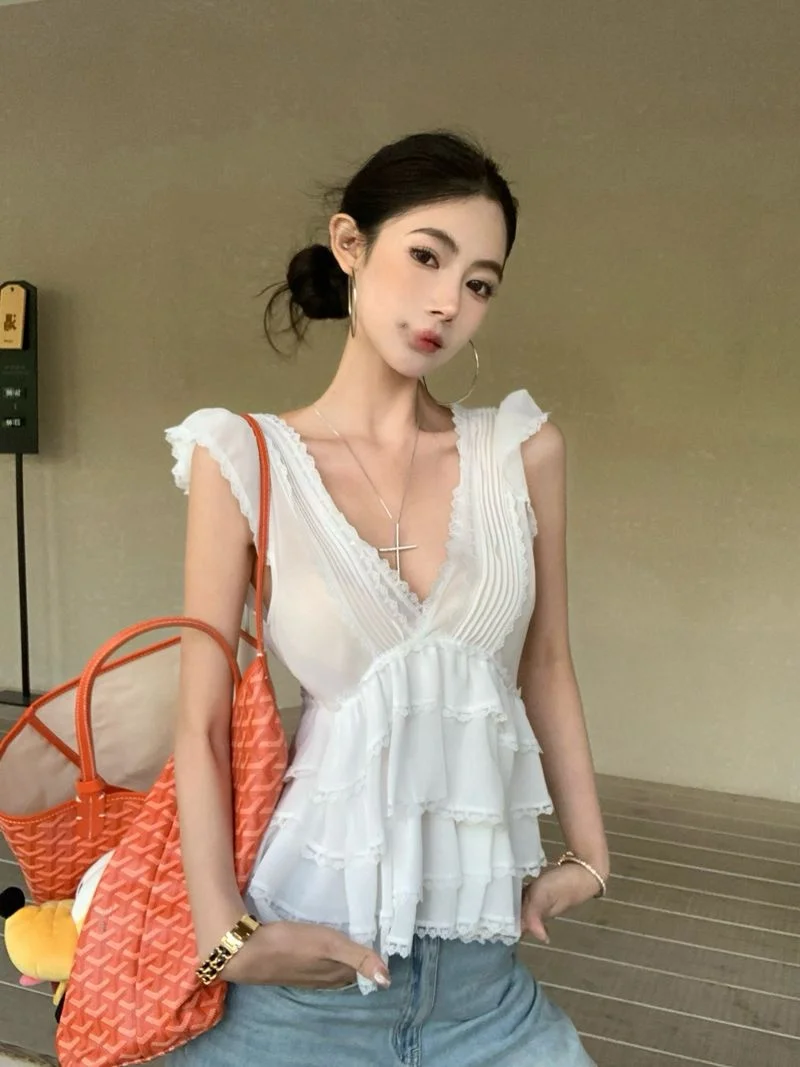 

Kumikumi сексуальный шифоновый топ с кружевной отделкой и воланами, женский модный осенний шикарный универсальный цвет V-Ne, полиэфирное волокно