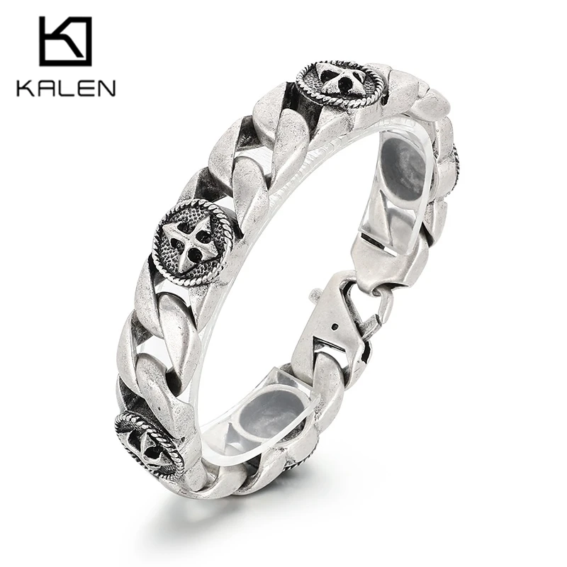 

KALEN Vintage 316L Stainless Steel Chunky Bracelet for Men Punk Black/Gold Color Cross Charm Bangle Personalized Jewelry Gift