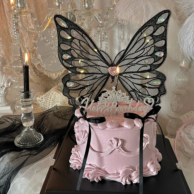 Valentine's Day Cake Topper Decoration Handmade Big Butterfly Insert Queen Mother Happy Birthday Love Led Light Baking Supplies