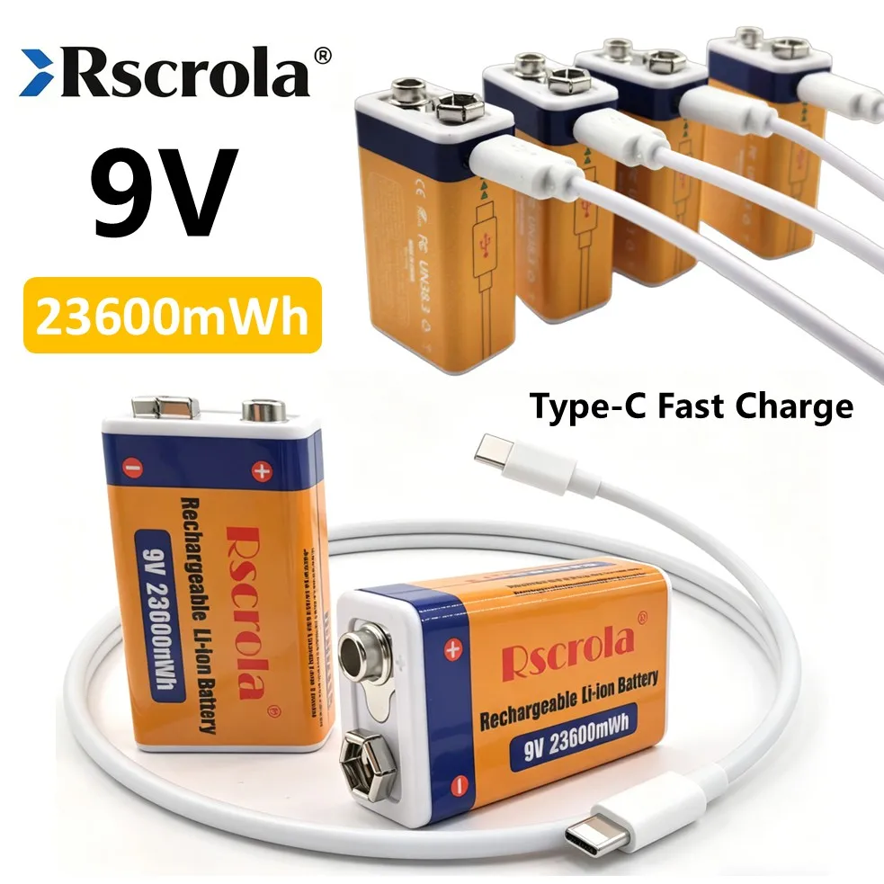 Long Lasting Rechargeable 9V Battery 23600mWh, Li-ion 9V Battery with Charging Cable, USB-C Charge, 9V Batteries for Home&Office