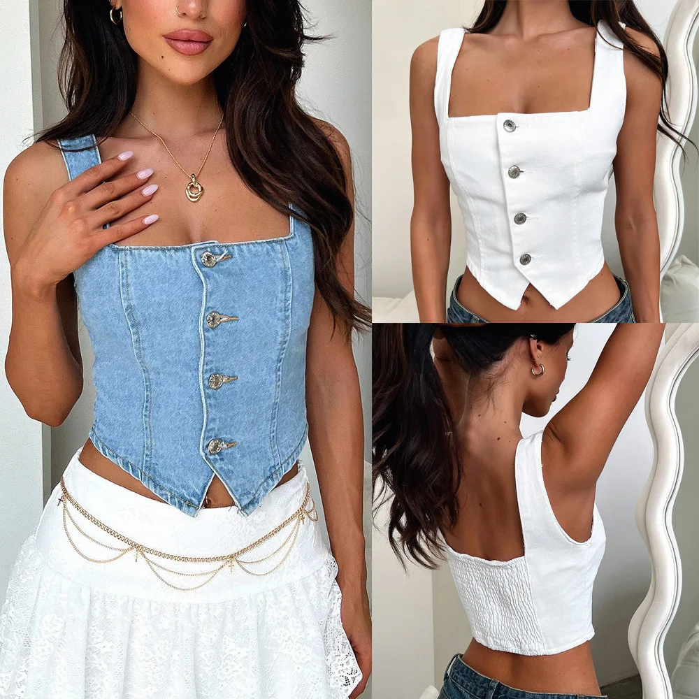 Summer Hot Sale  New women's clothing products  Cowboy camisole vest  Sweet and fresh  Buckle fashion  Women's short top  Solid