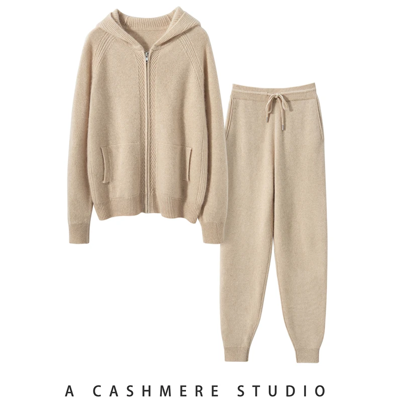 

Кардиган с капюшоном, облегающий комплект брюк, женский комплект из 100% кашемира, повседневный модный свитер, осенне-зимний спортивный мягкий трикотаж, одежда