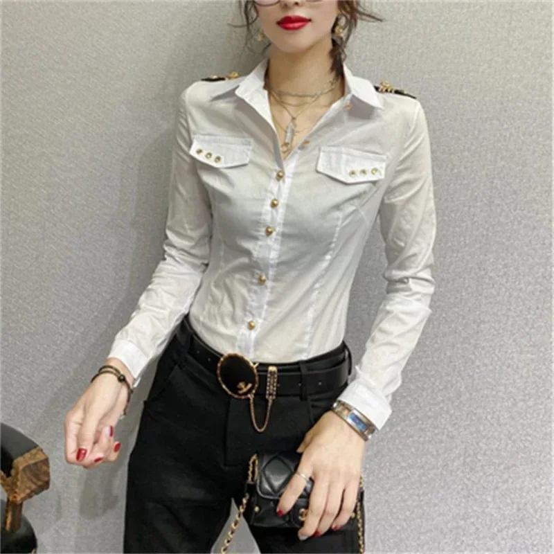 New Slim Summer Short-sleeved Shirt Women Epaulettes Autumn Long Sleeve Shirt White Korean Fashion Top Single-breasted