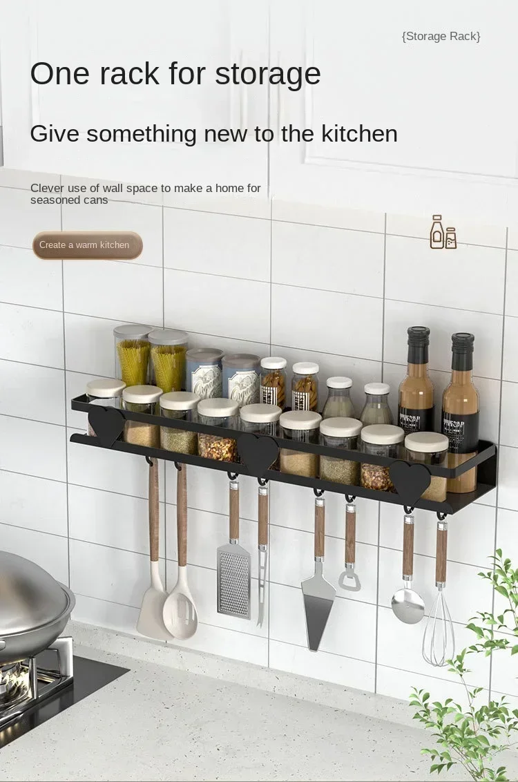 

Kitchen Wall Shelf Multifunctional Seasoning Supplies Household Perforation-free Carbon Steel with Hook Is Not Easy To Rust