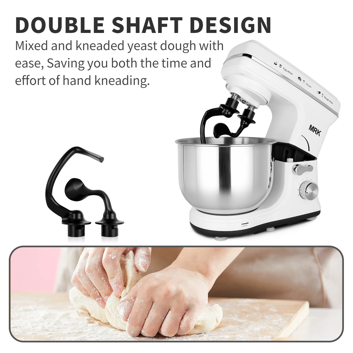 Ready to ship MRK kitchen stand food mixer with double dough hooks, flat beater, whisk and 4L stainless steel mixing bowl