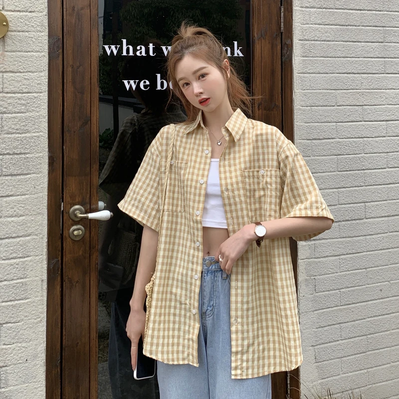 Plaid Shirts Women Pockets Cute Chic All-match Comfortable Baggy Summer Youthful Fashion Vintage Japanese Style Schoolgirls New