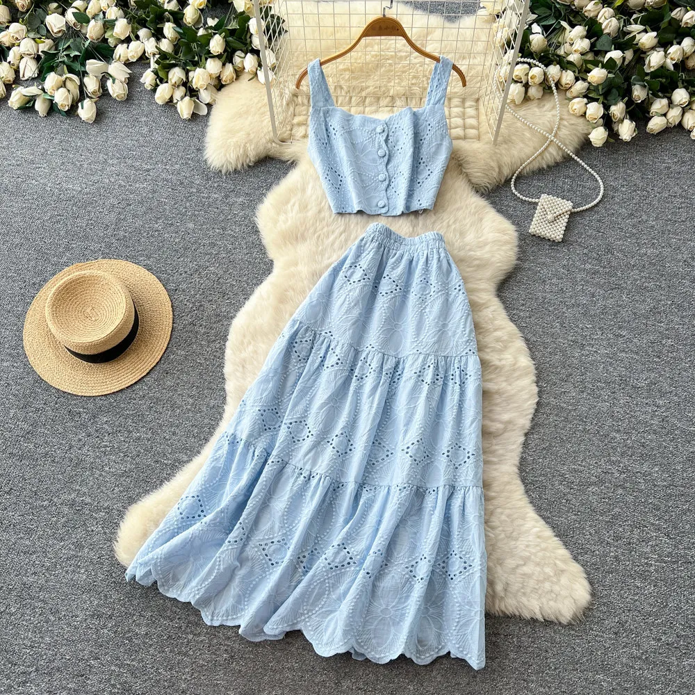 

Two Piece Sets Women Skirt Set Sling Sleeveless Short Tops Long Skirts A Line High Waist Y2k Streetwear Elegant Work Hollow Out