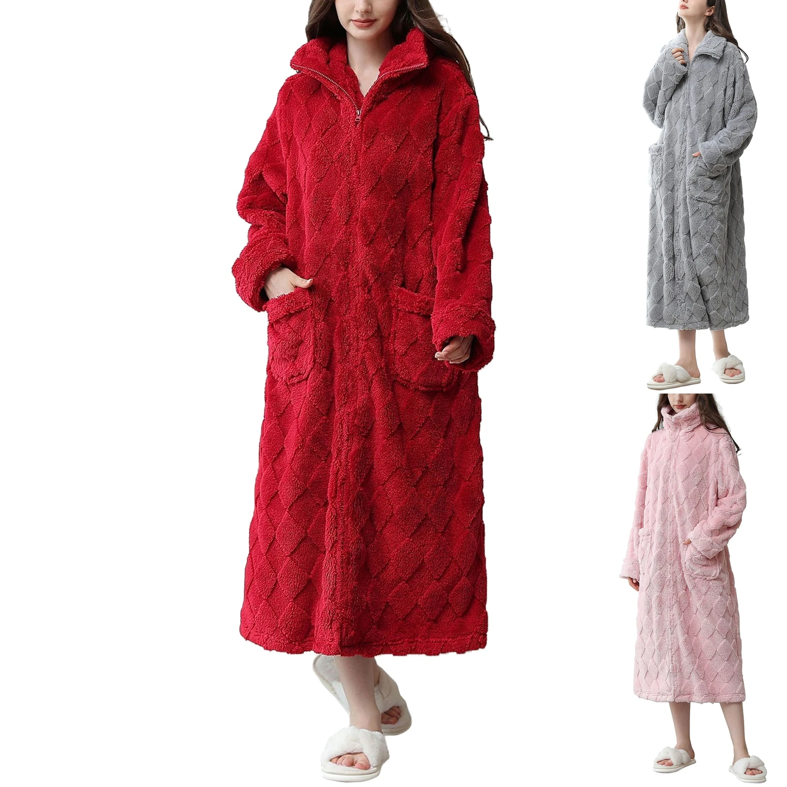 Women Robes Winter Plush Collar Shawl Bathrobe Home Clothes Long Sleeved Robe Coat Female Thick Coral Fleece Dressing Gown