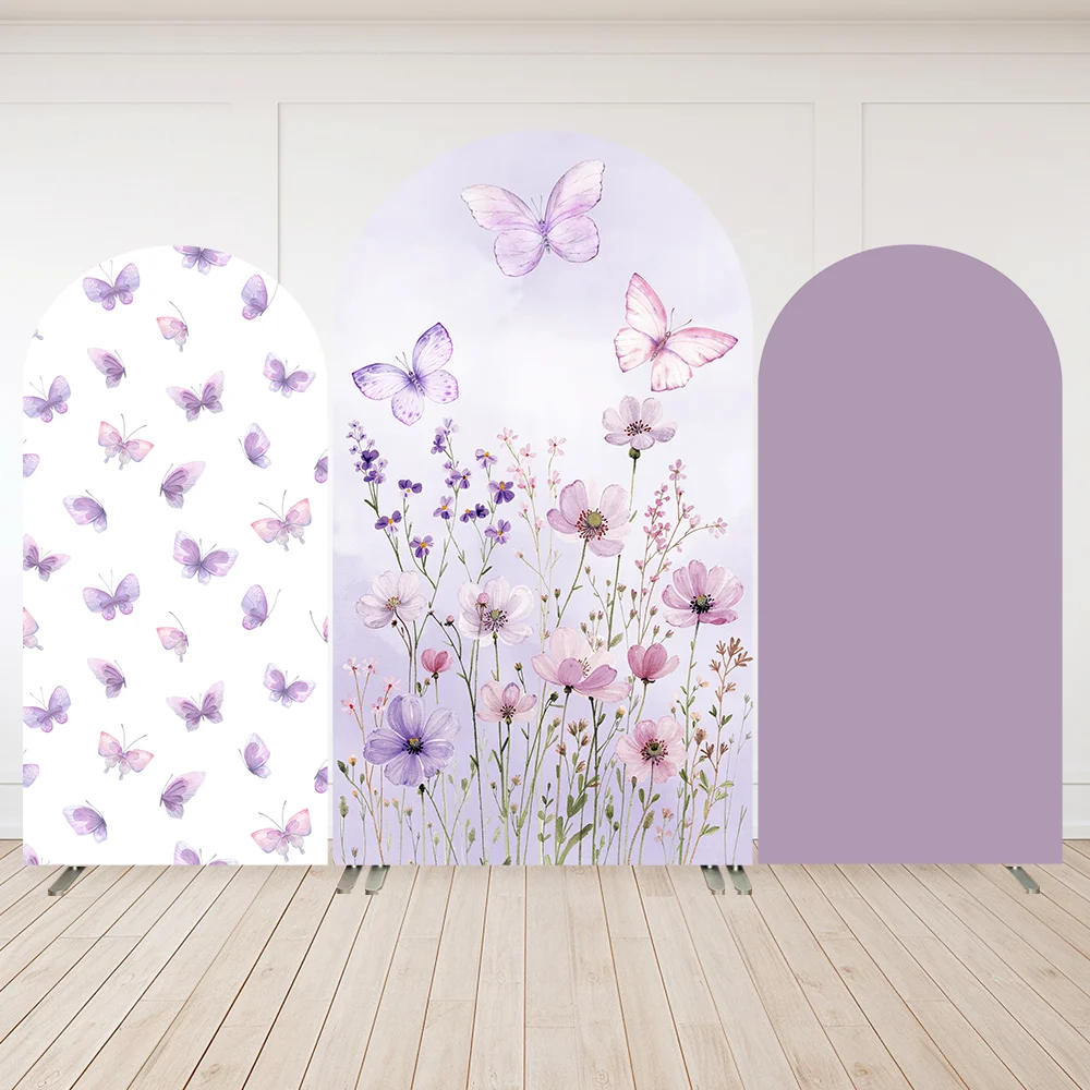 Wedding Party Decor Purple Wildflower Arch Wall Backdrop Butterfly Princess Girls Birthday Arched Cover Background 2-Sided